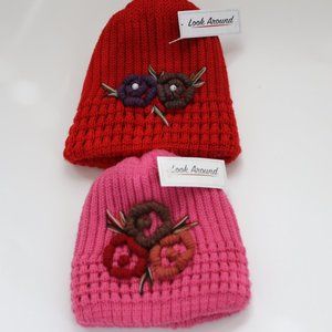 2 NWT RED & PINK WOOL BLEND EMBROIDERED BEANIE SET